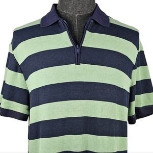 Zara Men's Green & Navy Stripe Short Sleeve Knit Quarter Zip Polo Casual Size XL